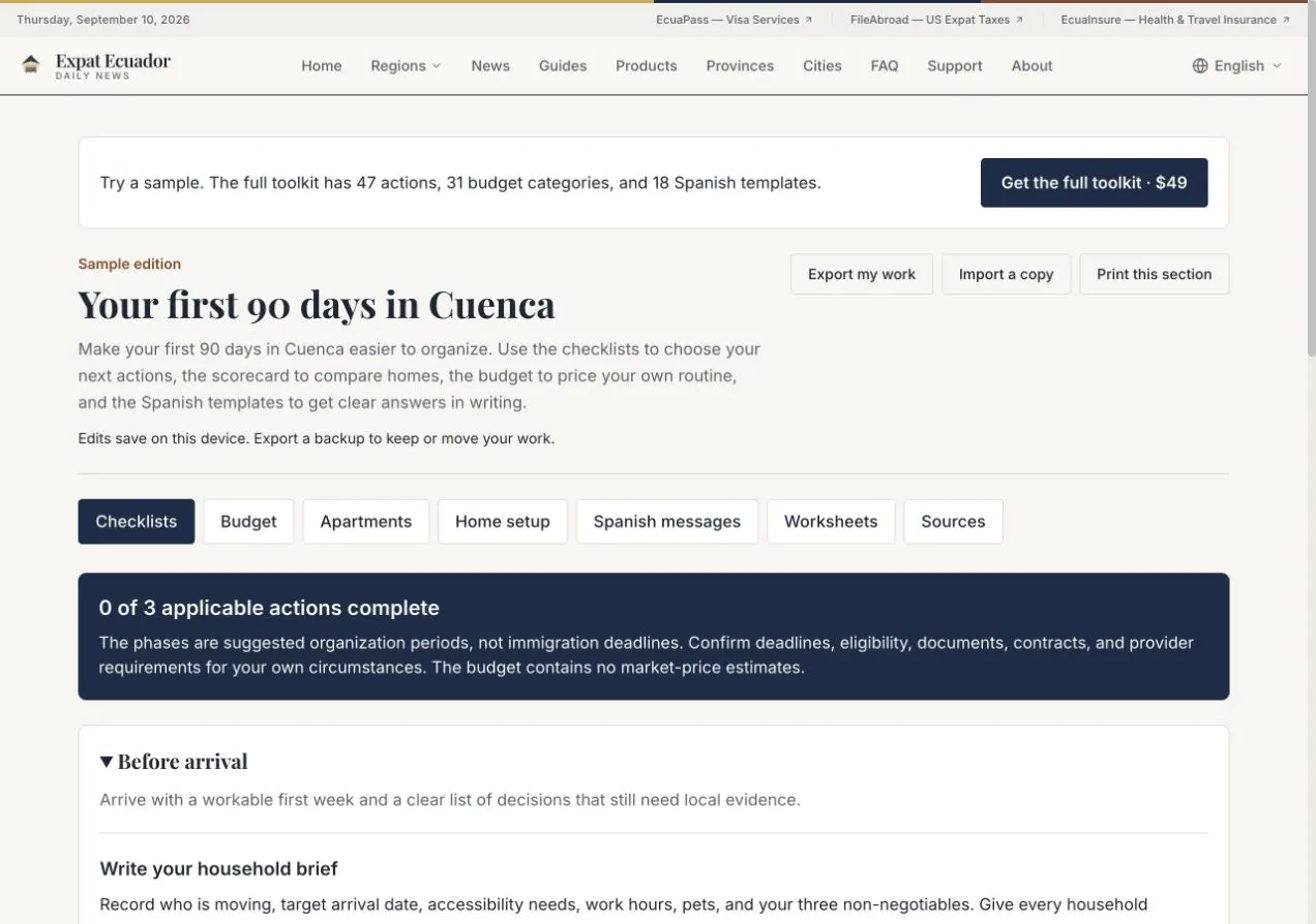 Actual Cuenca toolkit sample with editable checklists and tabs for budget, apartment comparisons, home setup, Spanish messages, and worksheets